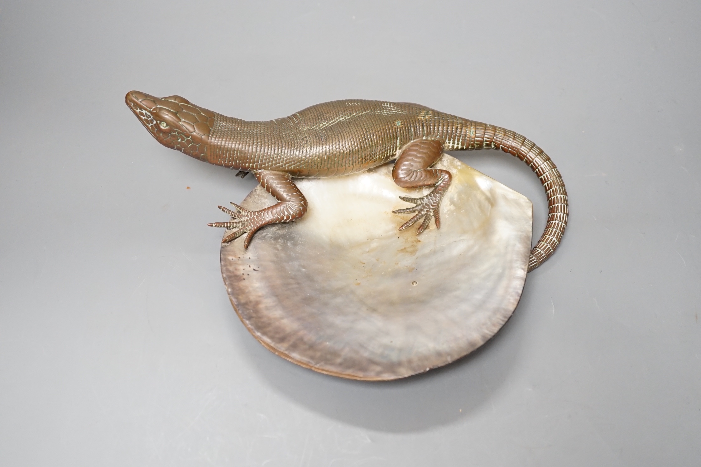 A late 19th century Japanese bronze 'lizard' and mother of pearl dish, 26cm